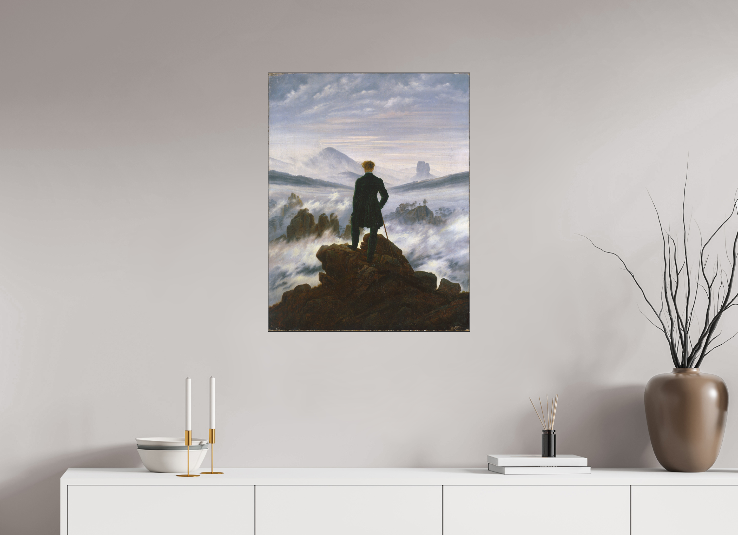 60 x 77 cm, Signature Der Wanderer über dem Nebelmeer